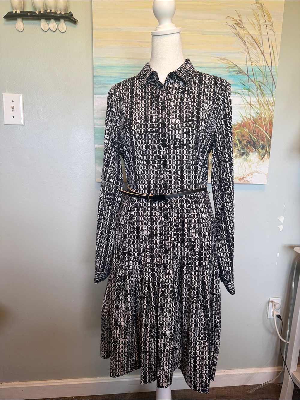 Calvin Klein Black and White Long-Sleeve Printed Shirt Dress